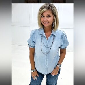 NWT Risen Light Blue Denim Women's Pearlsnap Top
